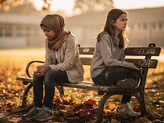 Due ragazze sedute su una panchina tra le foglie d’autunno, in un cortile scolastico al tramonto.