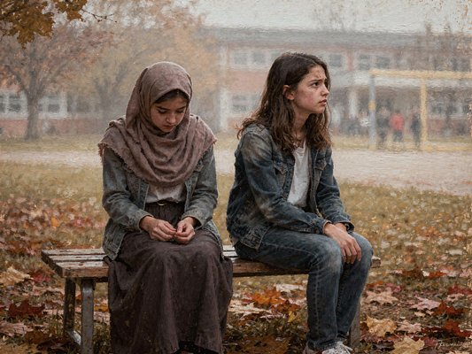 Due amiche sedute su una panchina davanti alla scuola; quella con il velo guarda a terra.