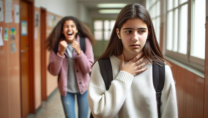 Una ragazza con la mano alla gola in un corridoio scolastico, mentre una compagna ride alle sue spalle.