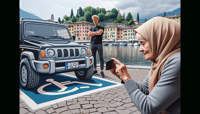 Una donna con il velo fotografa la targa di un fuoristrada parcheggiato su un posto per disabili, mentre il conducente la guarda da lontano.