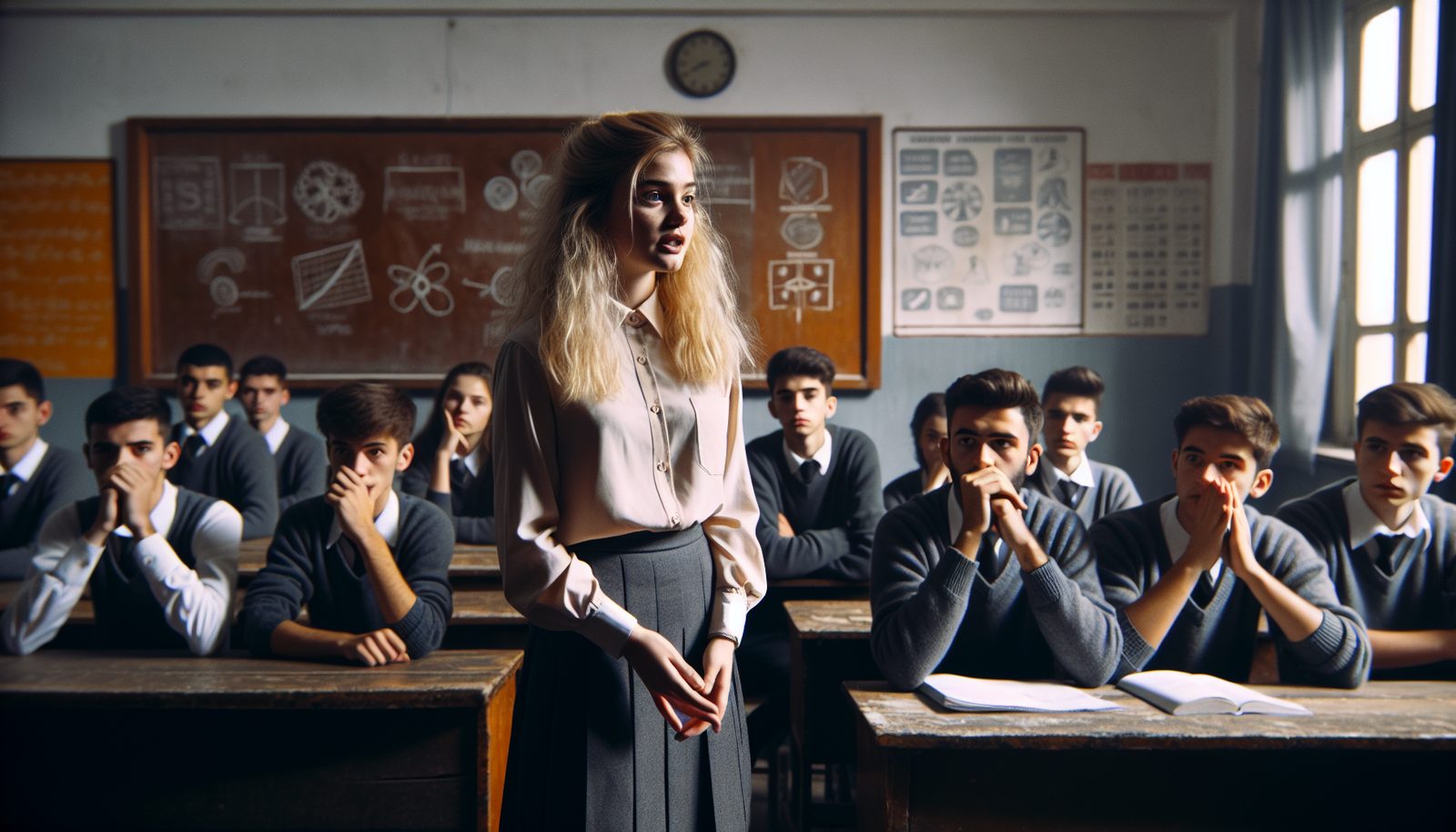 Una ragazza in piedi davanti alla lavagna presenta alla classe, mentre i compagni la fissano con sguardi ostili.