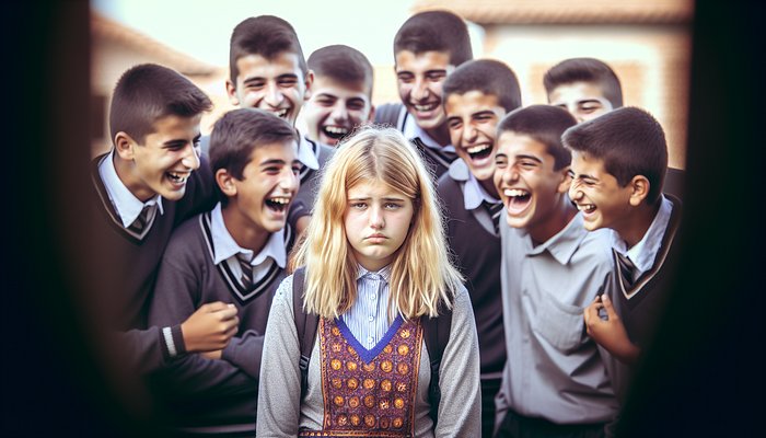 Una ragazza al centro di un gruppo di compagni di classe che ridono di lei.
