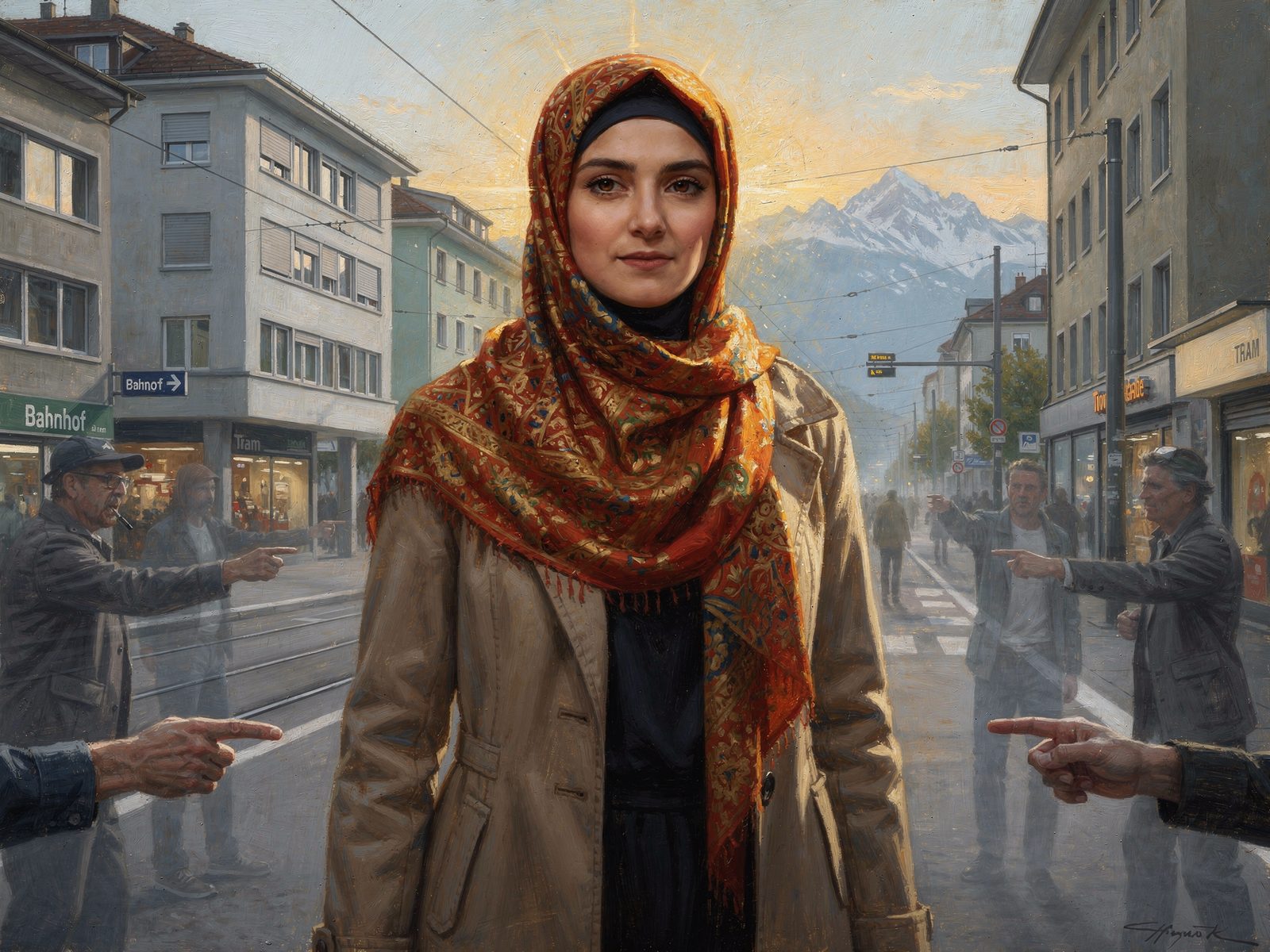 Una donna con un velo ricamato attraversa una strada ticinese al tramonto, mentre mani anonime la indicano.