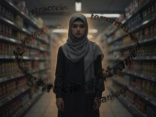 Una donna con il velo tra gli scaffali di un supermercato, circondata da parole offensive scritte nell’aria.