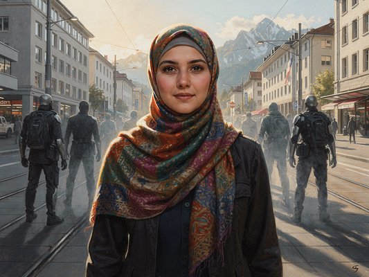 Una donna con un velo colorato cammina serena per una strada cittadina, con le montagne sullo sfondo.