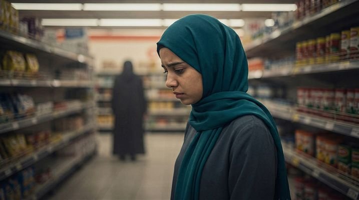 Una donna con velo verde in una corsia del supermercato, con una figura scura che la osserva da lontano.