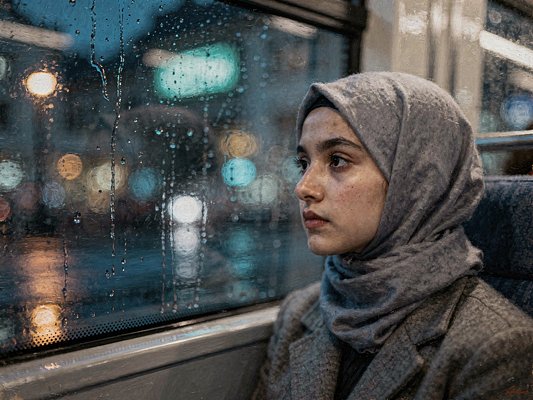 Una donna con il velo guarda fuori dal finestrino di un bus sotto la pioggia, di notte.