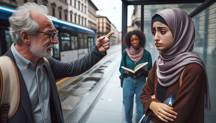 Un uomo anziano punta il dito contro una giovane donna con il velo che stringe un libro alla fermata del bus.