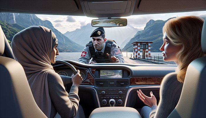 Quattro amiche in auto a un posto di frontiera; la guardia parla solo alla conducente che porta il velo.