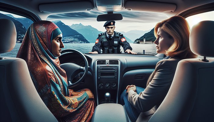 Dentro l’auto al confine, la conducente con il velo ascolta la guardia mentre le amiche la guardano.